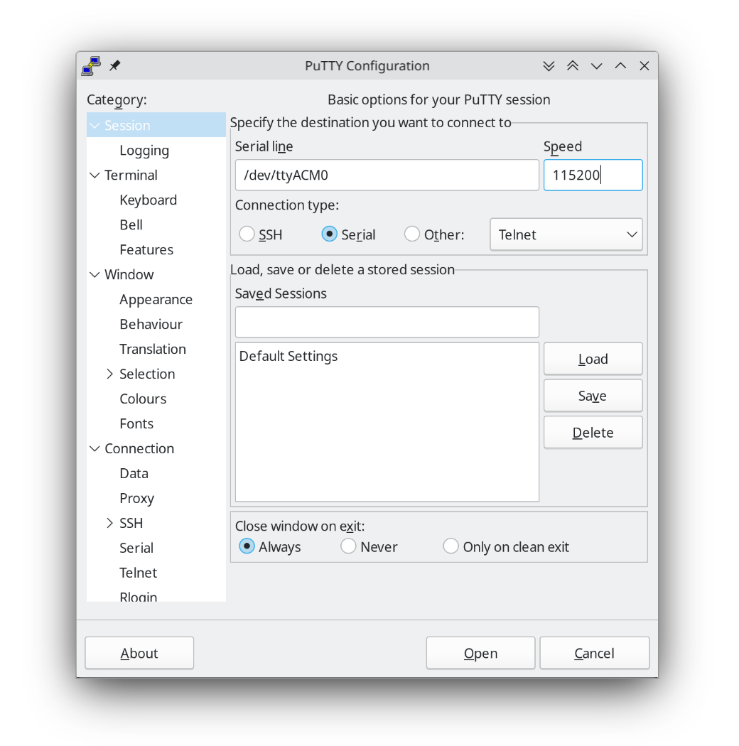 Putty serial connection